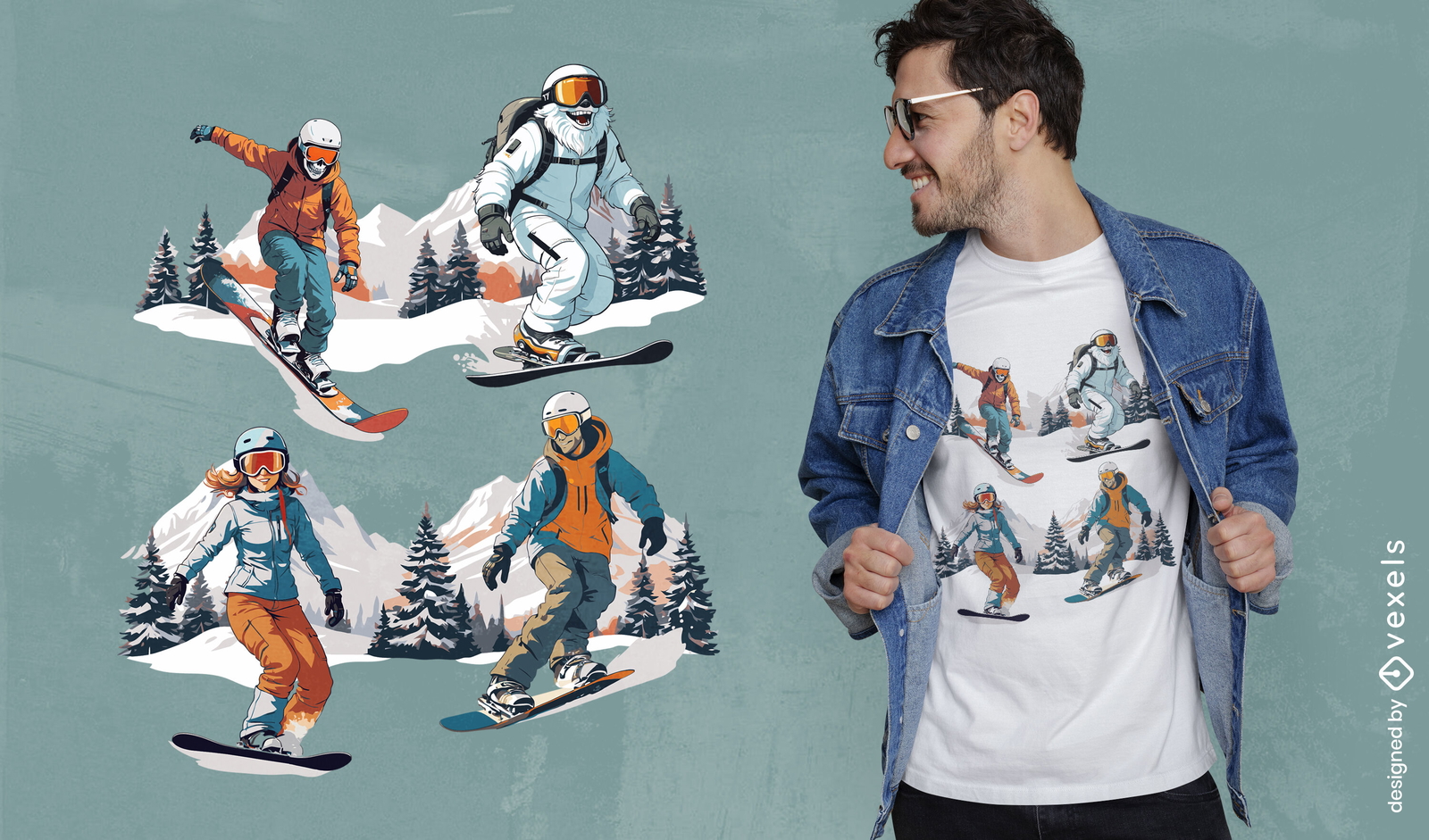 Design de camiseta para conjunto de snowboard de inverno