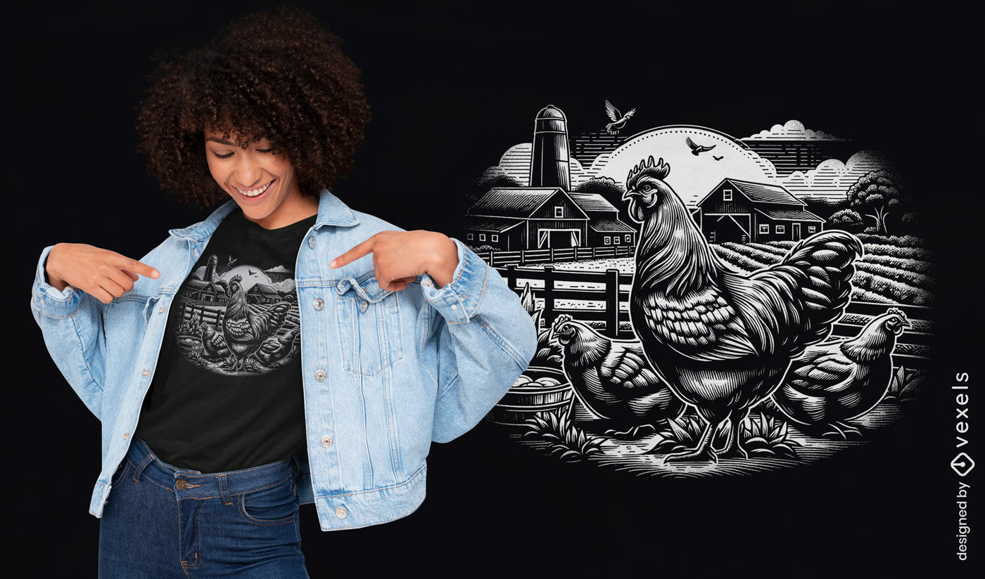 Monochrome farm chicken illustration t-shirt design