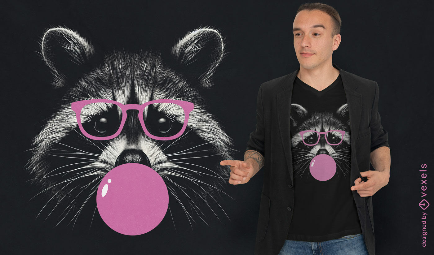 Diseño de camiseta divertido de mapache con chicle y gafas