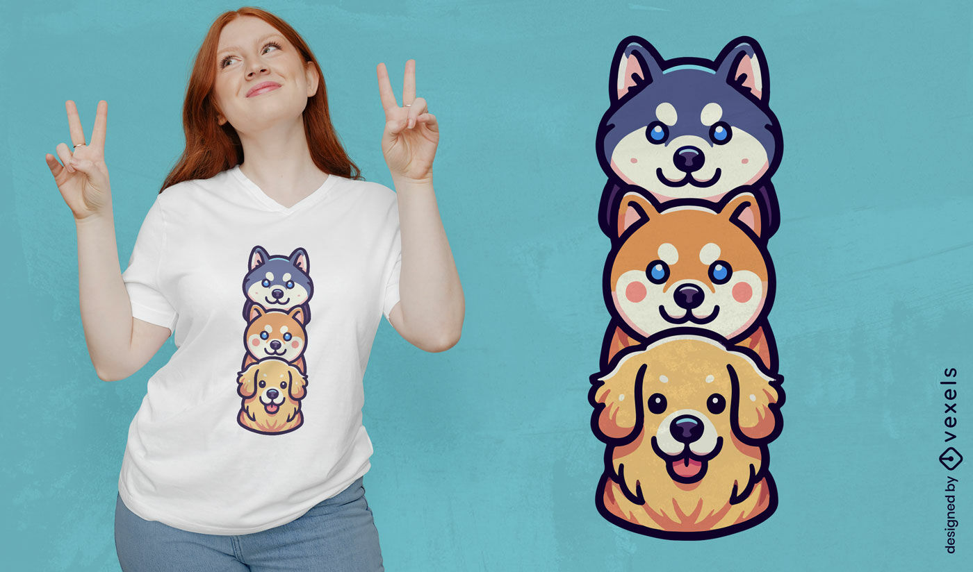 Design fofo de camiseta com rostos de cachorro empilhados