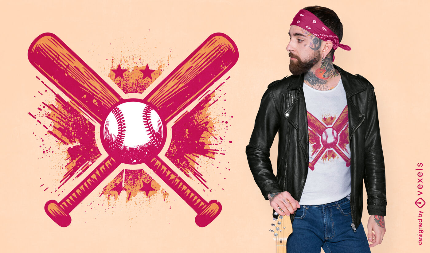 T-Shirt-Design mit gekreuzten Baseballschlägern und Bällen