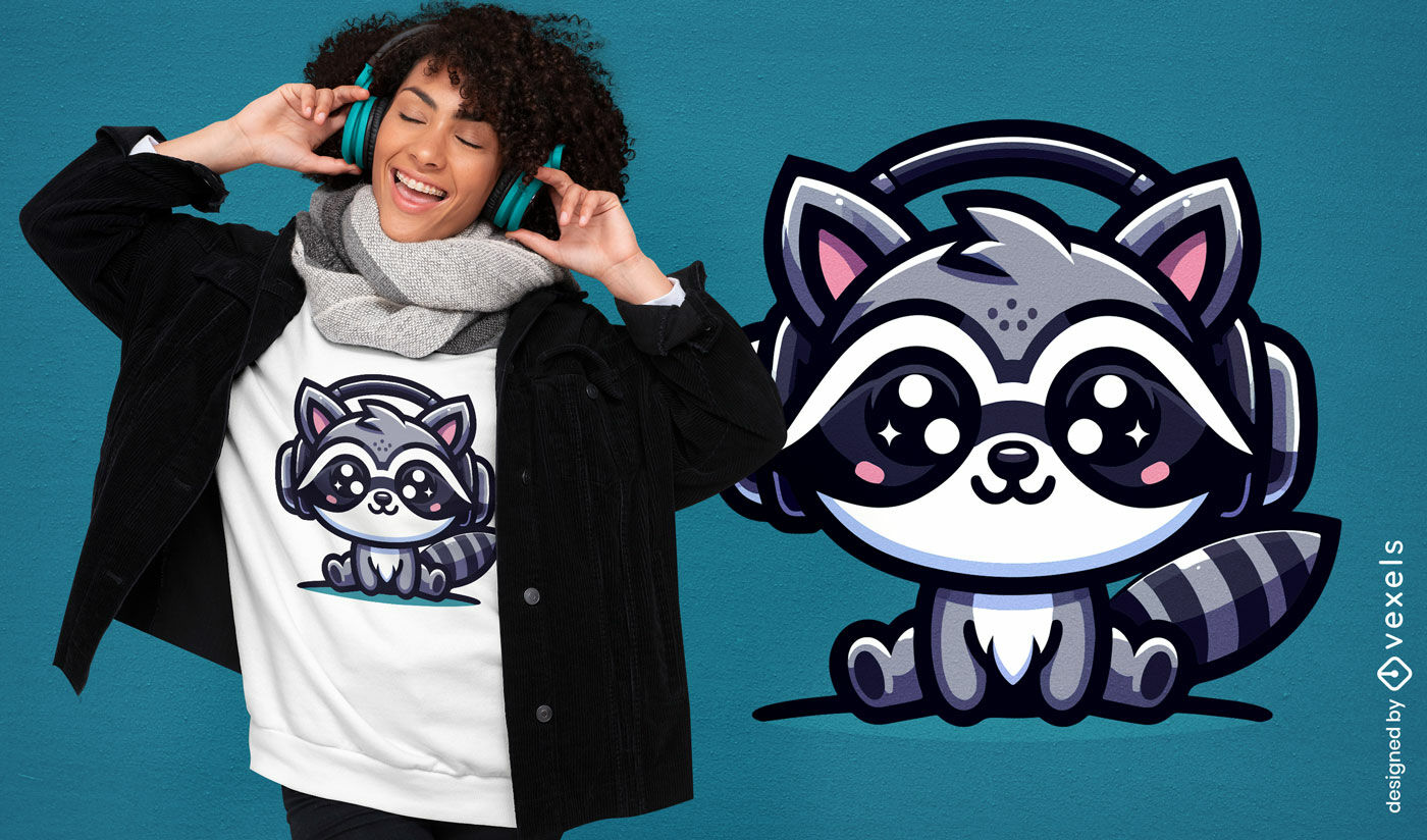 Design de camiseta guaxinim kawaii com fones de ouvido