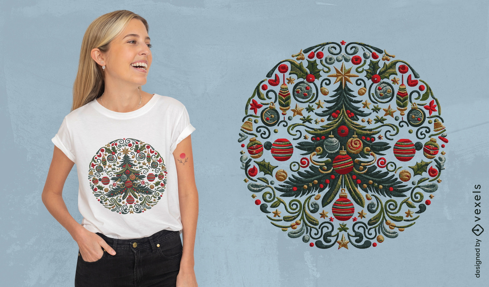 Design de camiseta com guirlanda de árvore de Natal decorativa