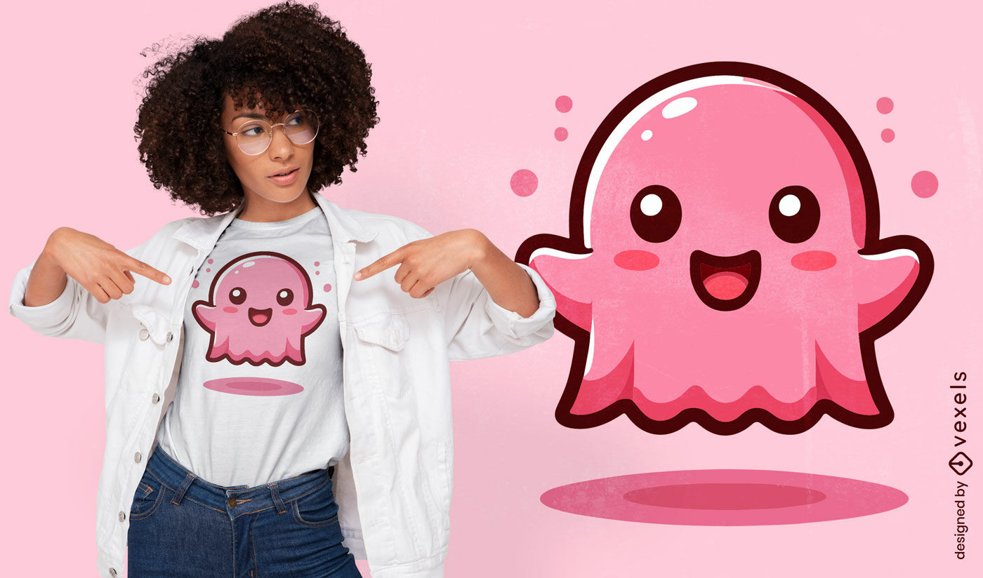 Diseño de camiseta kawaii con fantasma rosa burbujeante