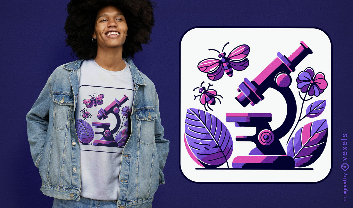 Diseño de camiseta con insectos en el microscopio.