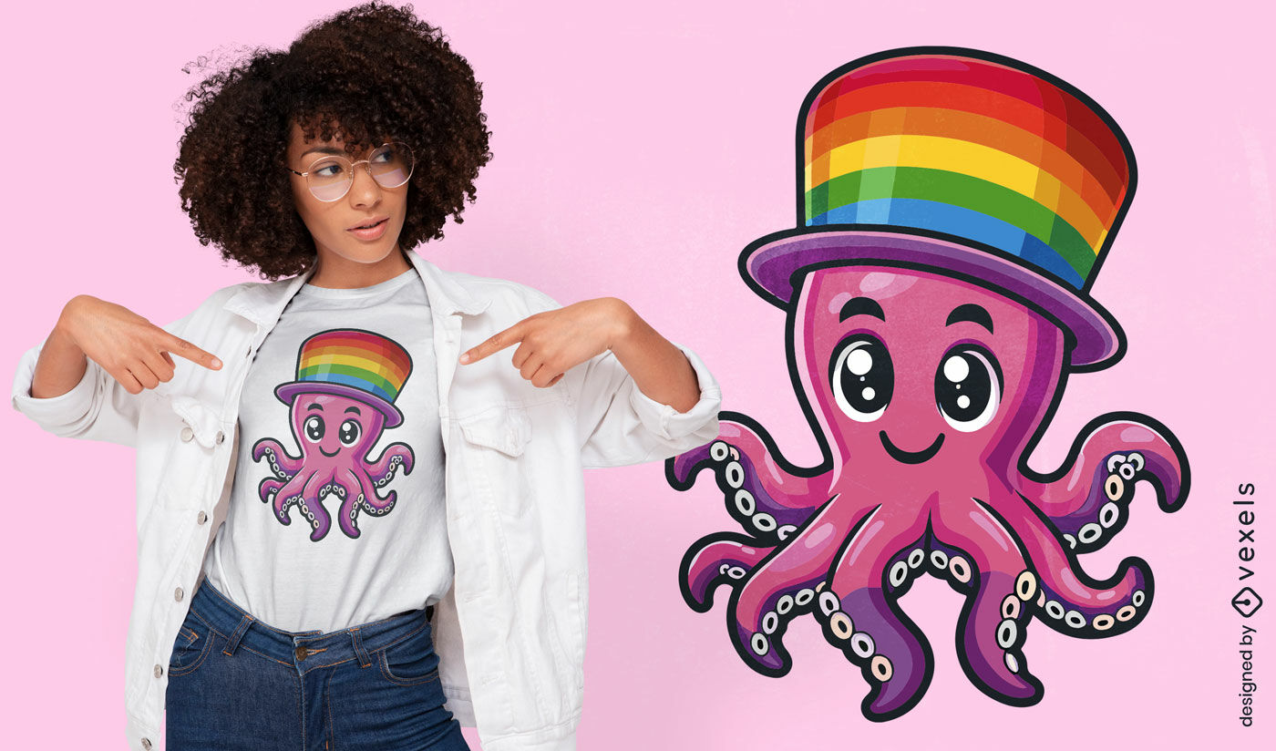 Diseño de camiseta con pulpo y sombrero de arcoíris