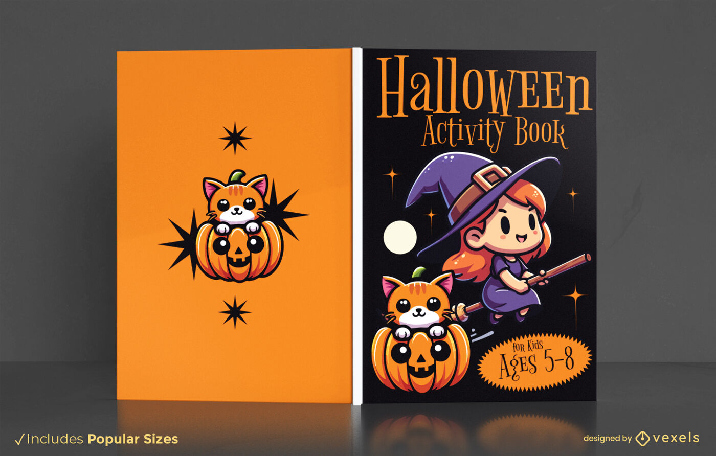 Buchcover-Design für Halloween mit Hexe und Katze