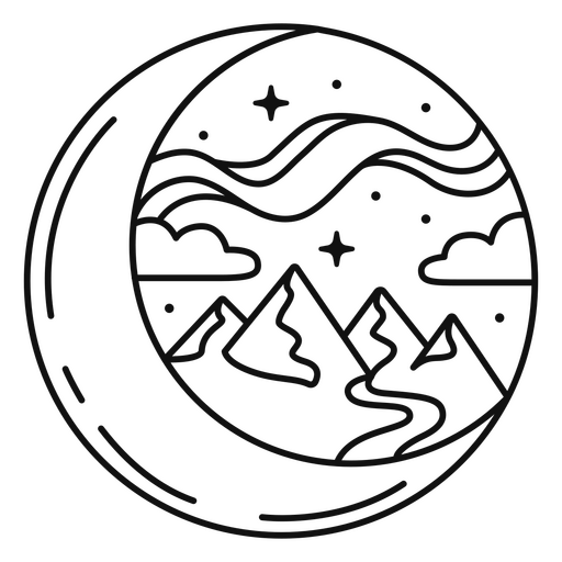 Ilustração serena de lua e paisagem montanhosa Desenho PNG