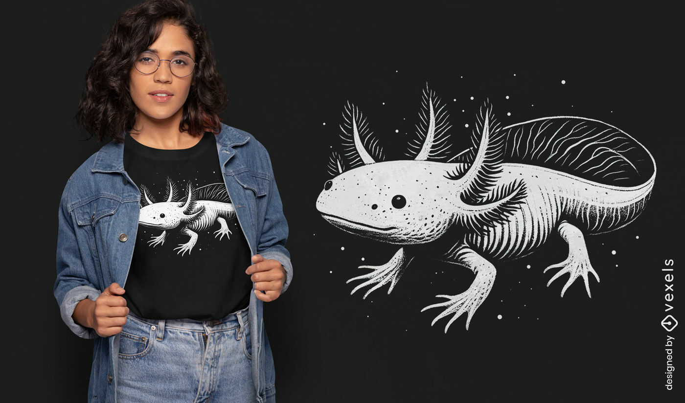 Diseño de camiseta monocromática con axolotl flotante