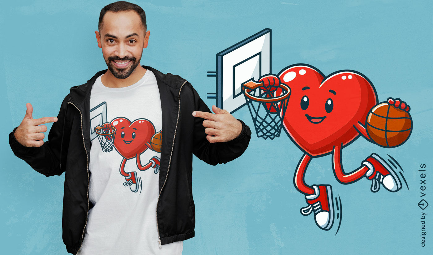 Diseño de camiseta con corazón jugando al baloncesto