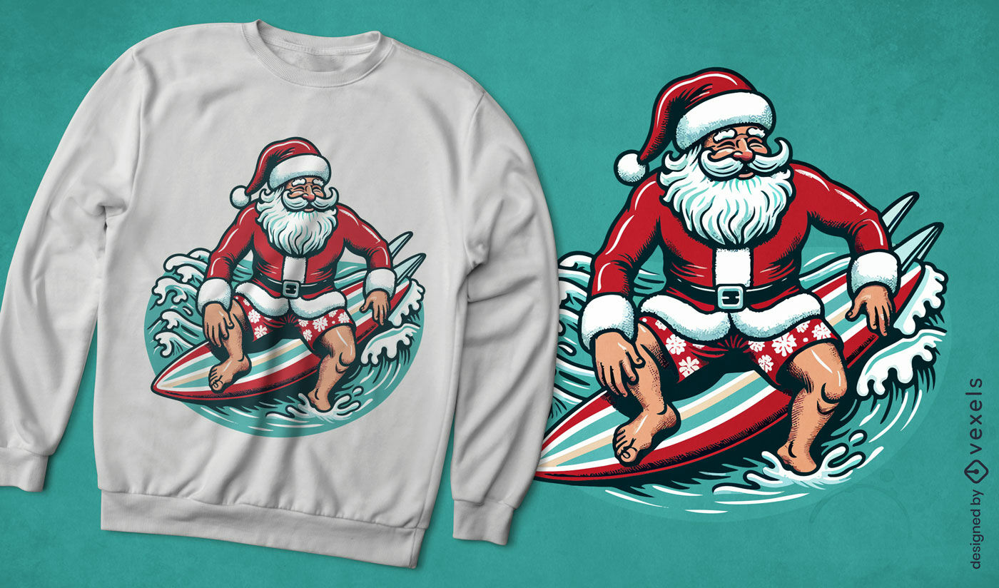 Diseño de camiseta de Papá Noel haciendo surf