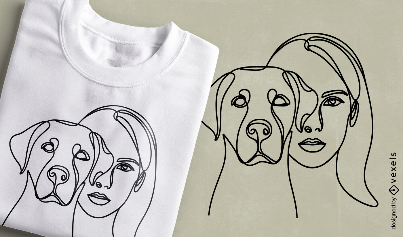 Design de camiseta com estampa de cachorro e mulher em linha contínua