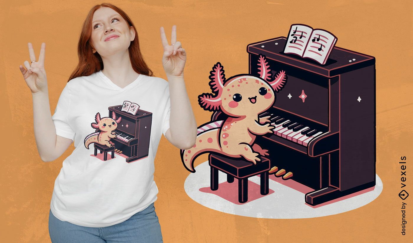 Diseño de camiseta kawaii de pianista axolotl