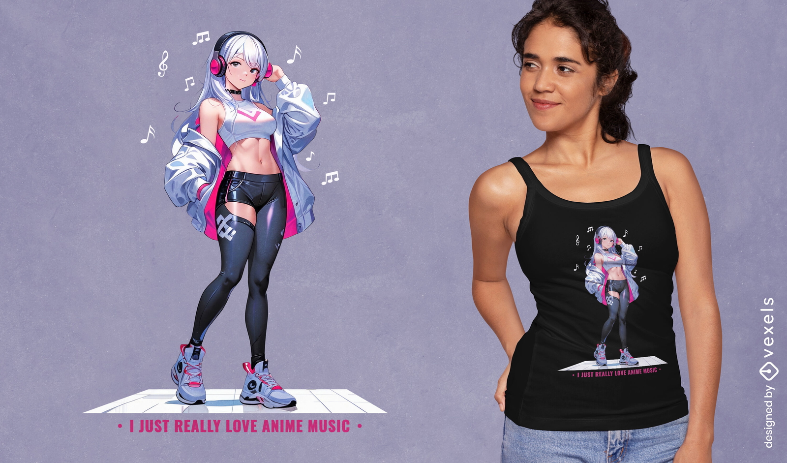 Diseño de camiseta para chica amante de la música de anime