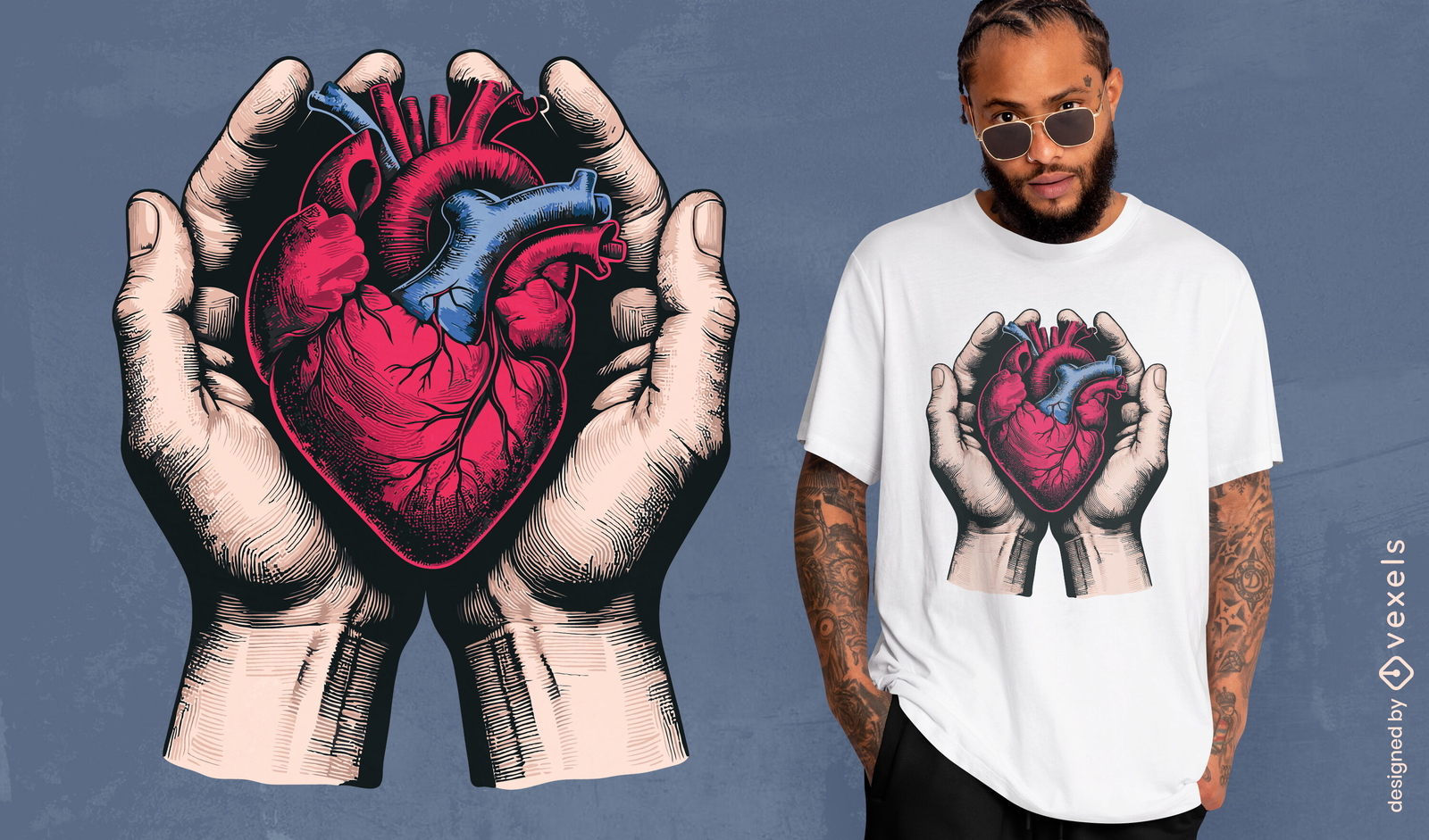 Anatomisches Herz im T-Shirt-Design mit Händen