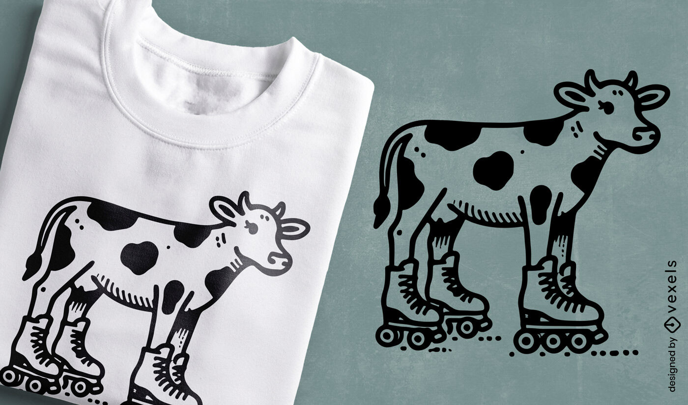 Diseño divertido de camiseta con vaca en patines