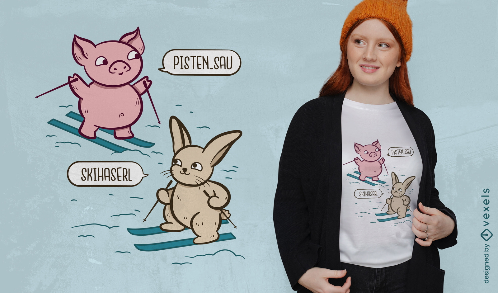 Diseño de camiseta con juego de palabras sobre animales esquiando