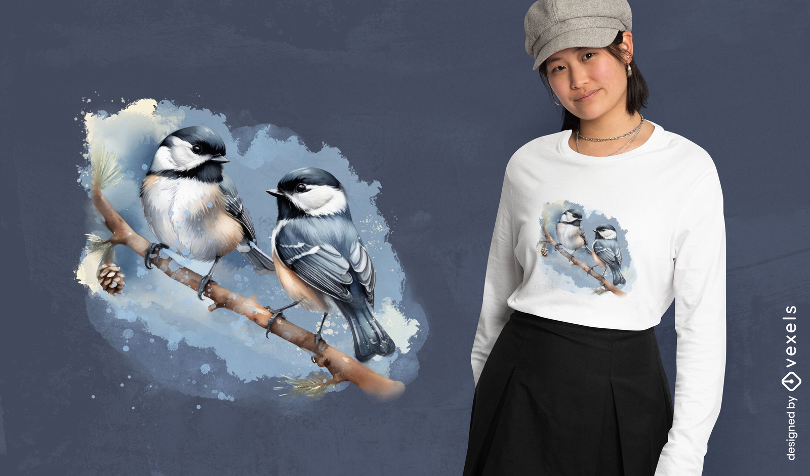 Diseño de camiseta con pájaros carboneros de invierno