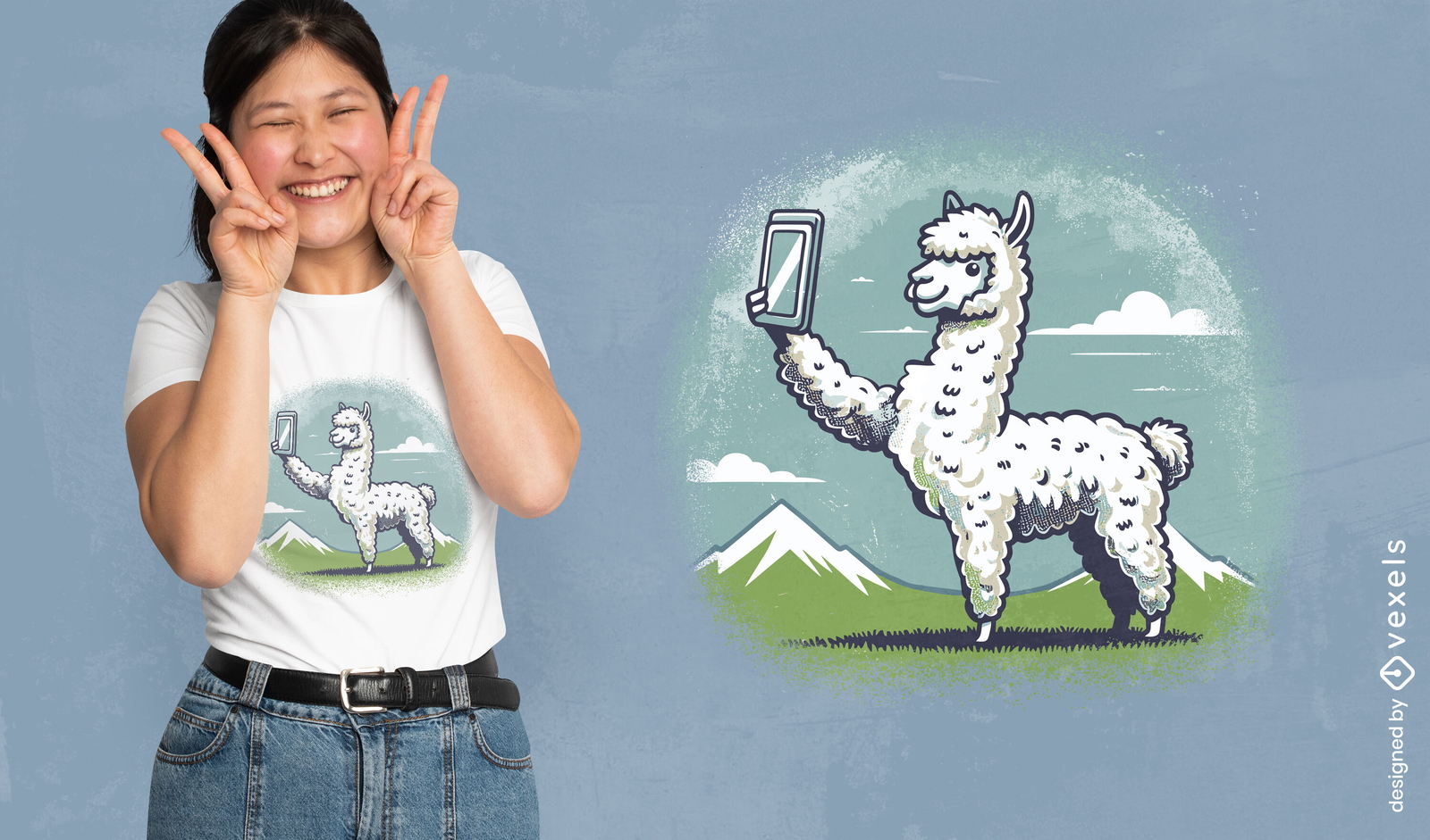 Diseño de camiseta con selfie de llama