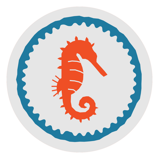 Emblema de caballito de mar naranja con borde ondulado azul Diseño PNG