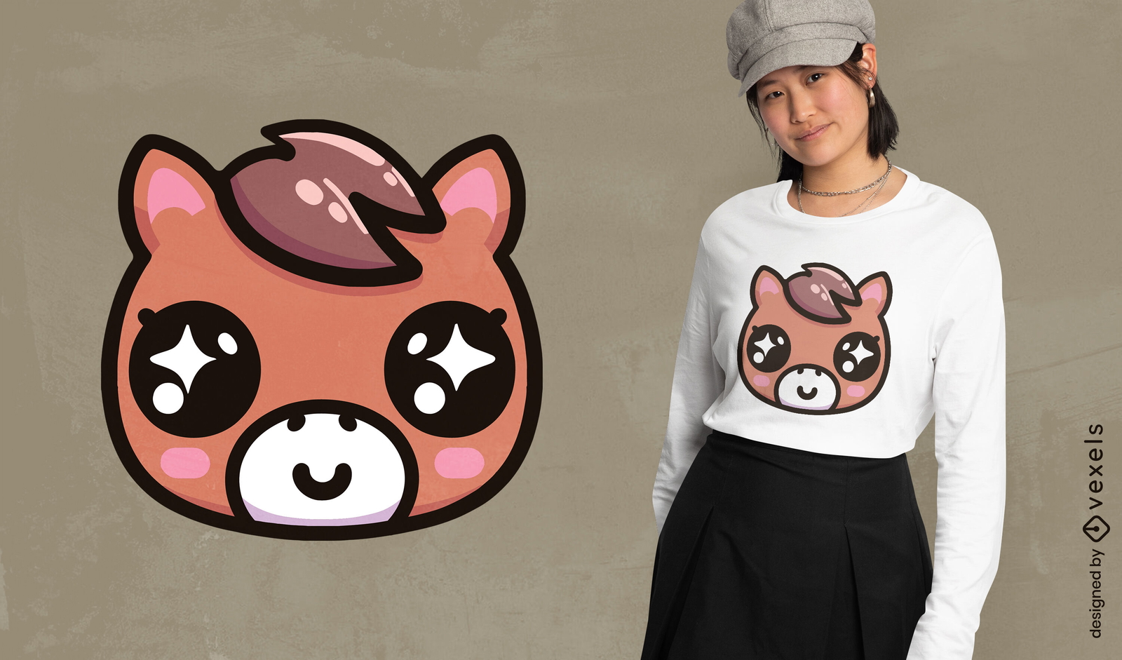 Design de camiseta com cara de cavalo kawaii