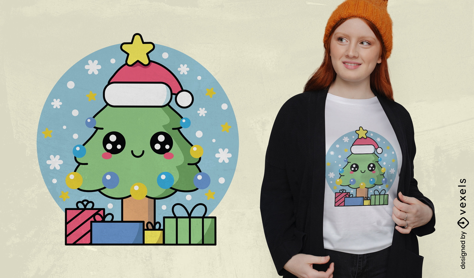 Diseño de camiseta de árbol de Navidad kawaii