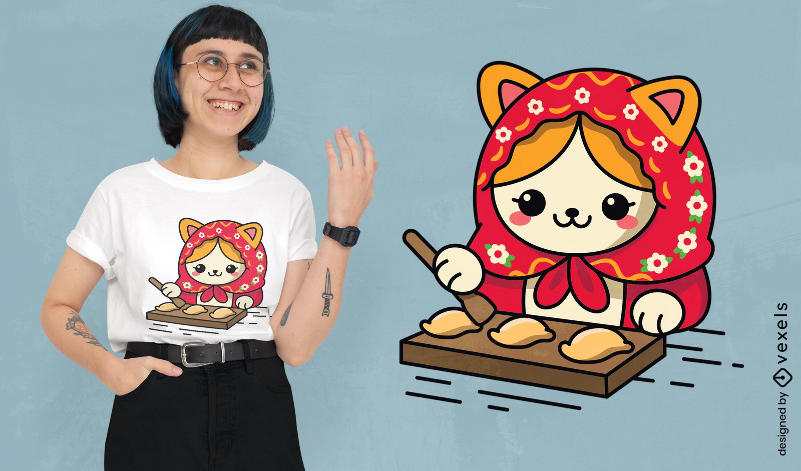 Diseño de camiseta con un gato cocinando pierogi de babushka