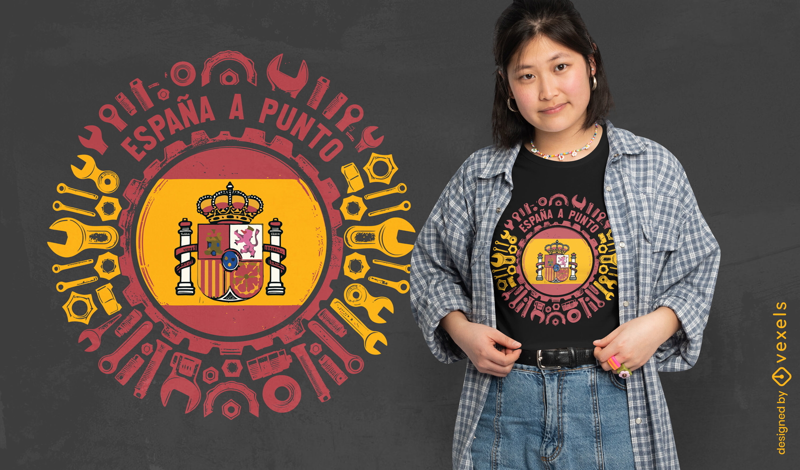 Diseño de camiseta con escudo de armas español y herramientas