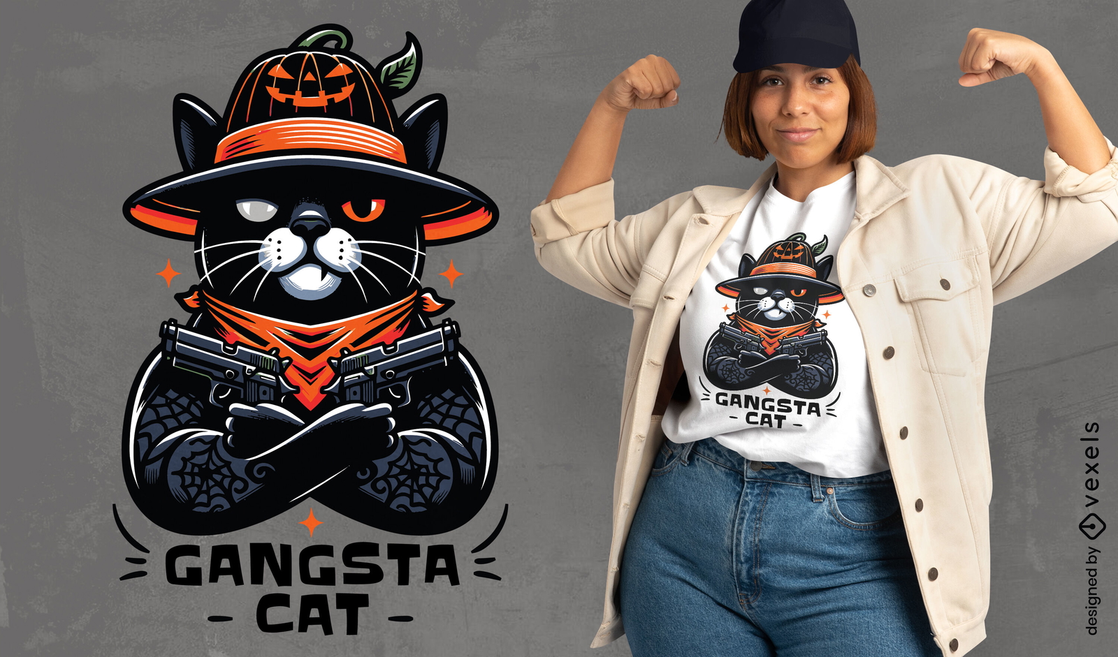 Design de camiseta de gato gangster de Halloween