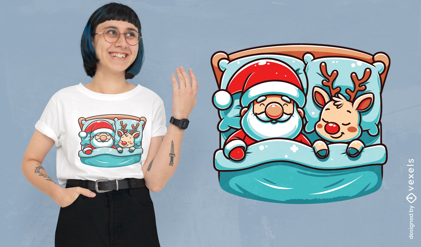 Diseño de camiseta de Papá Noel soñoliento y reno