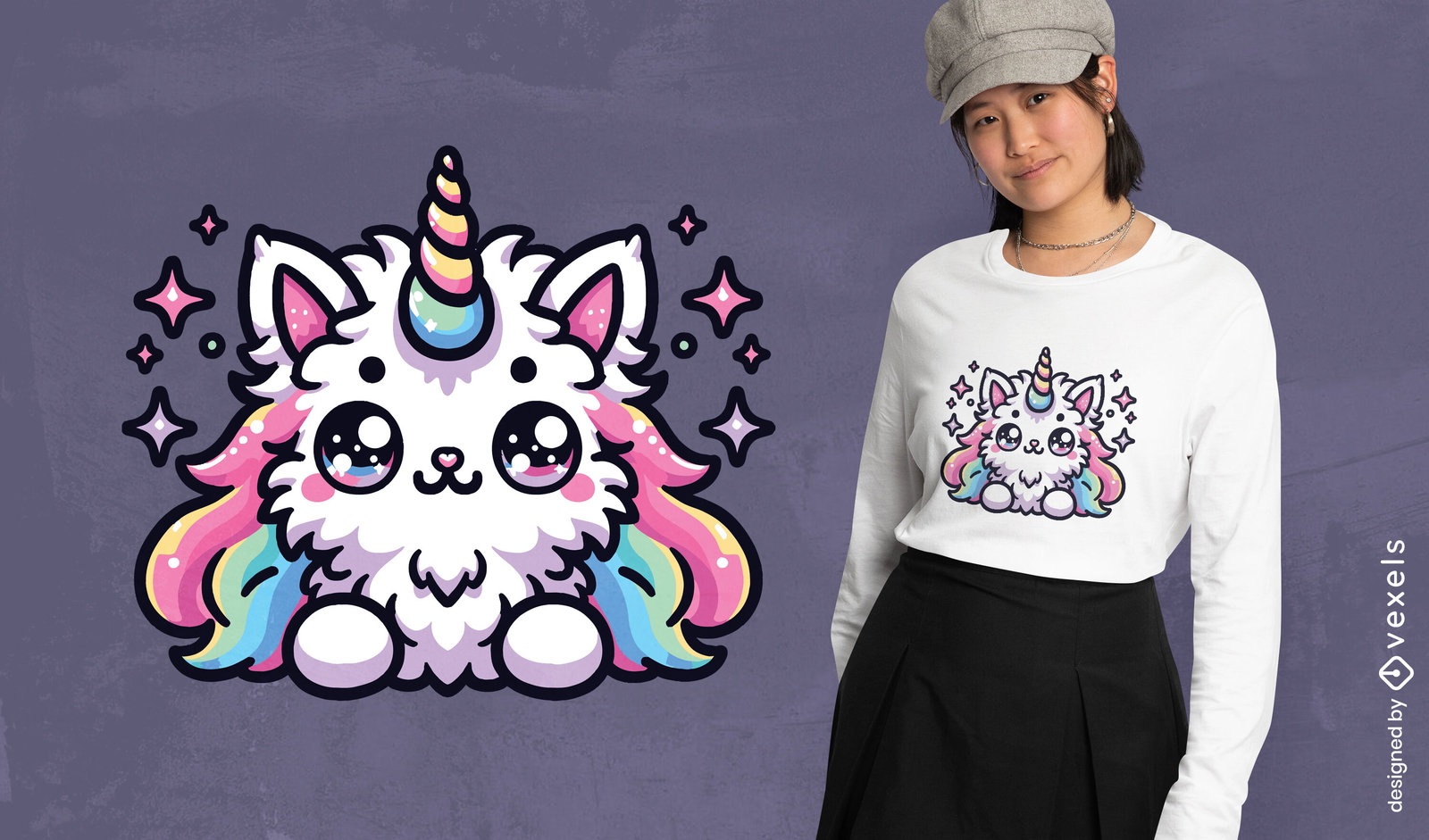 Diseño de camiseta kawaii de gato unicornio.