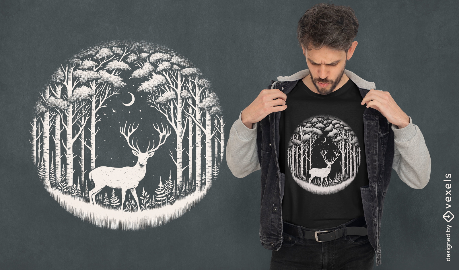 Diseño de camiseta con bosque de ciervos místicos