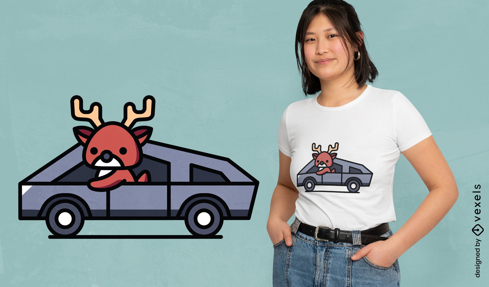 Diseño de camiseta con coche de renos al volante