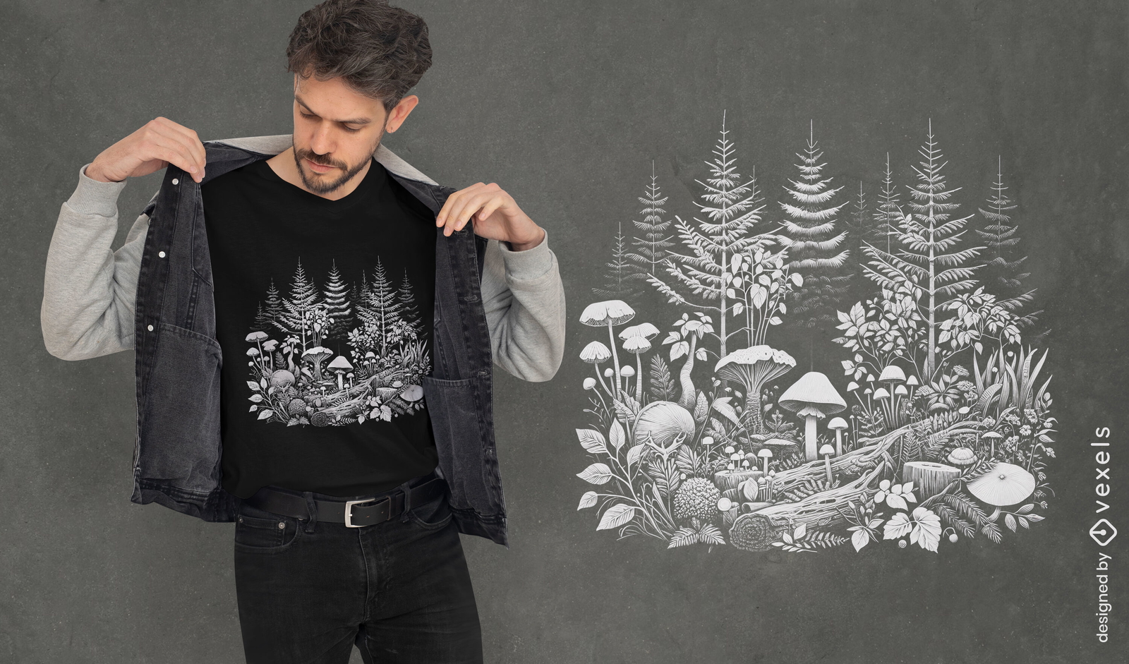 Diseño de camiseta con bosque de pinos y setas