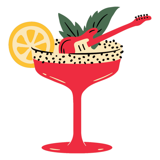 Copa de martini roja con diseño de guitarra y rodaja de limón. Diseño PNG