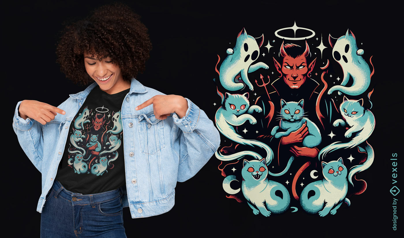 Design de camiseta com gatos fantasmas e demônios