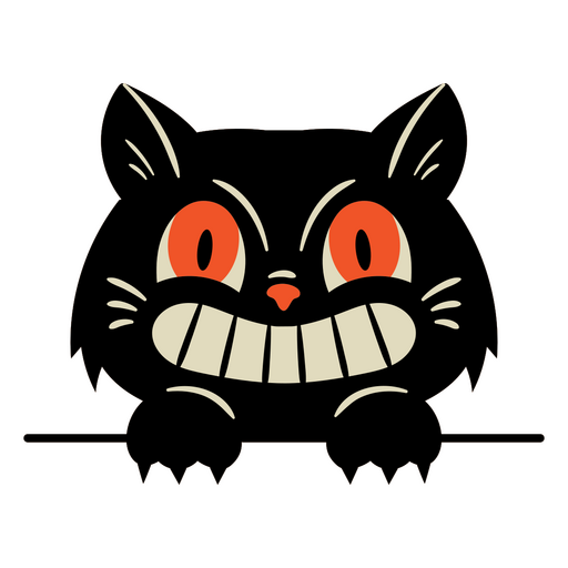 Gato negro con ojos rojos y diseño de sonrisa. Diseño PNG