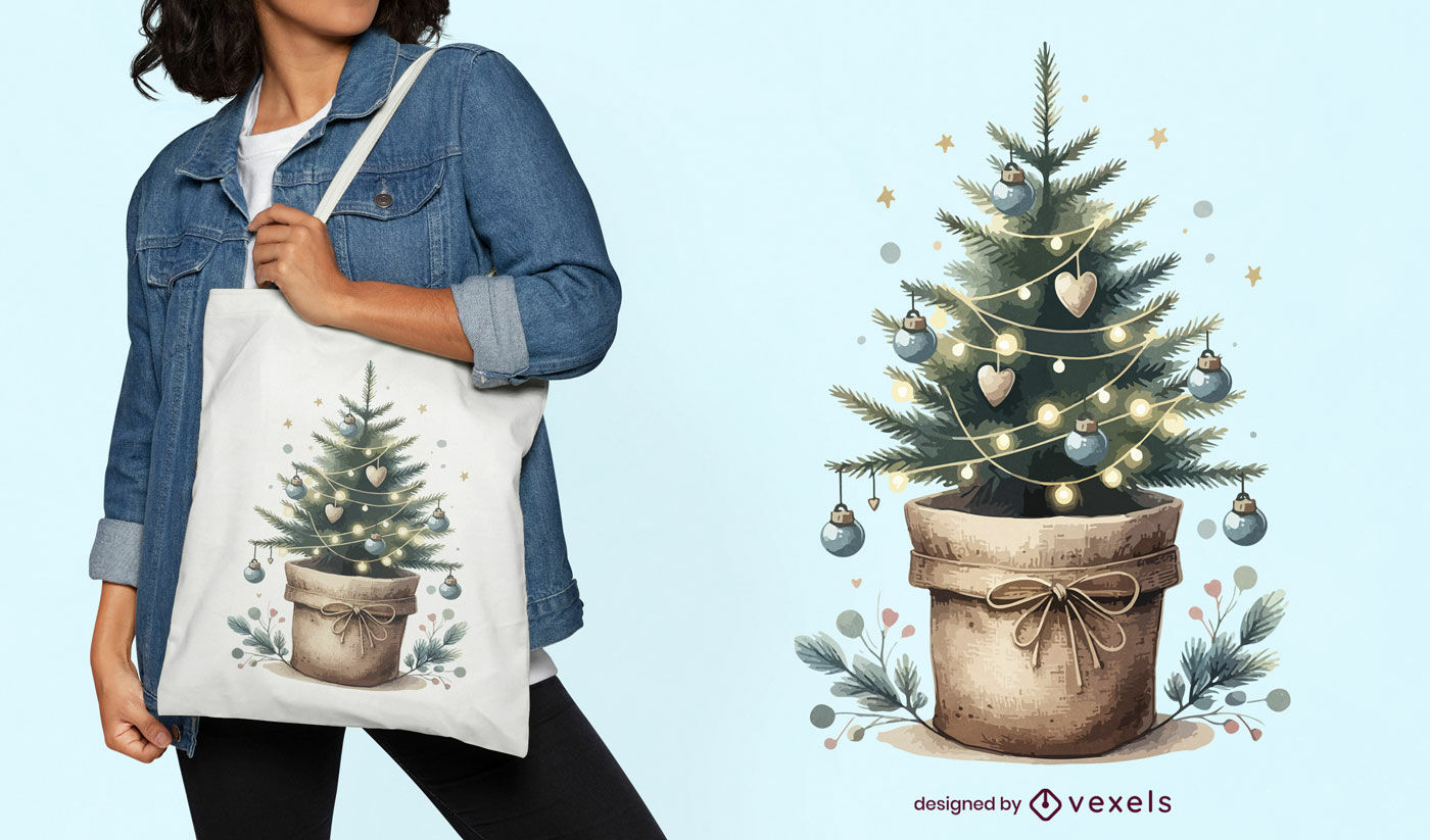 Diseño de bolsa de mano con forma de árbol de Navidad en maceta