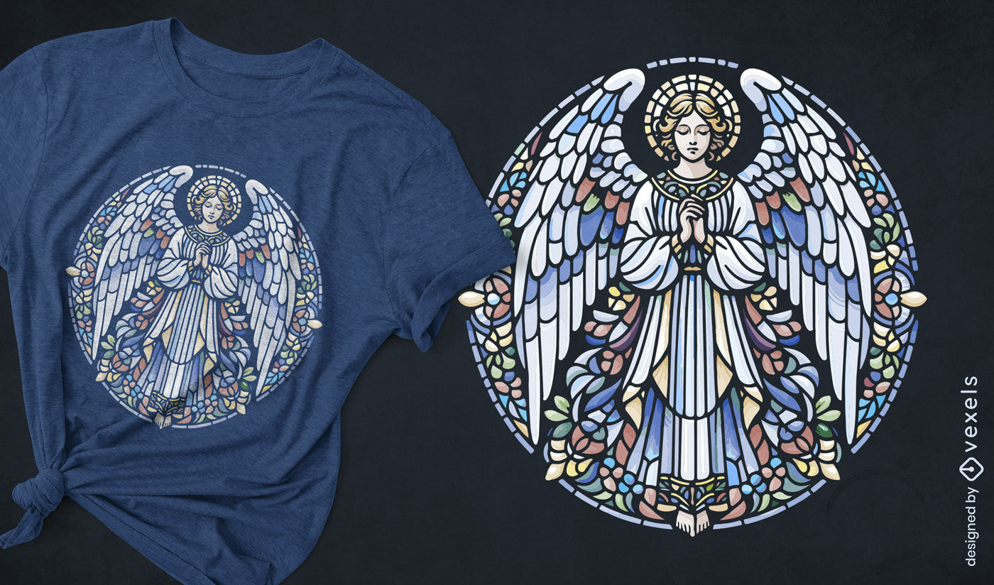 Design de camiseta com anjo de vitral