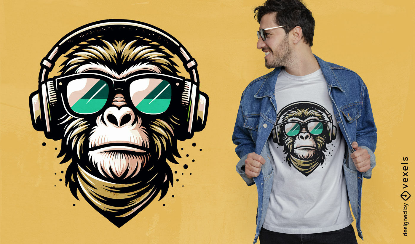 Diseño de camiseta con auriculares de mono genial