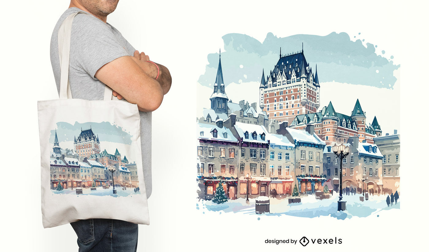 Quebec winter cityscape tote bag design