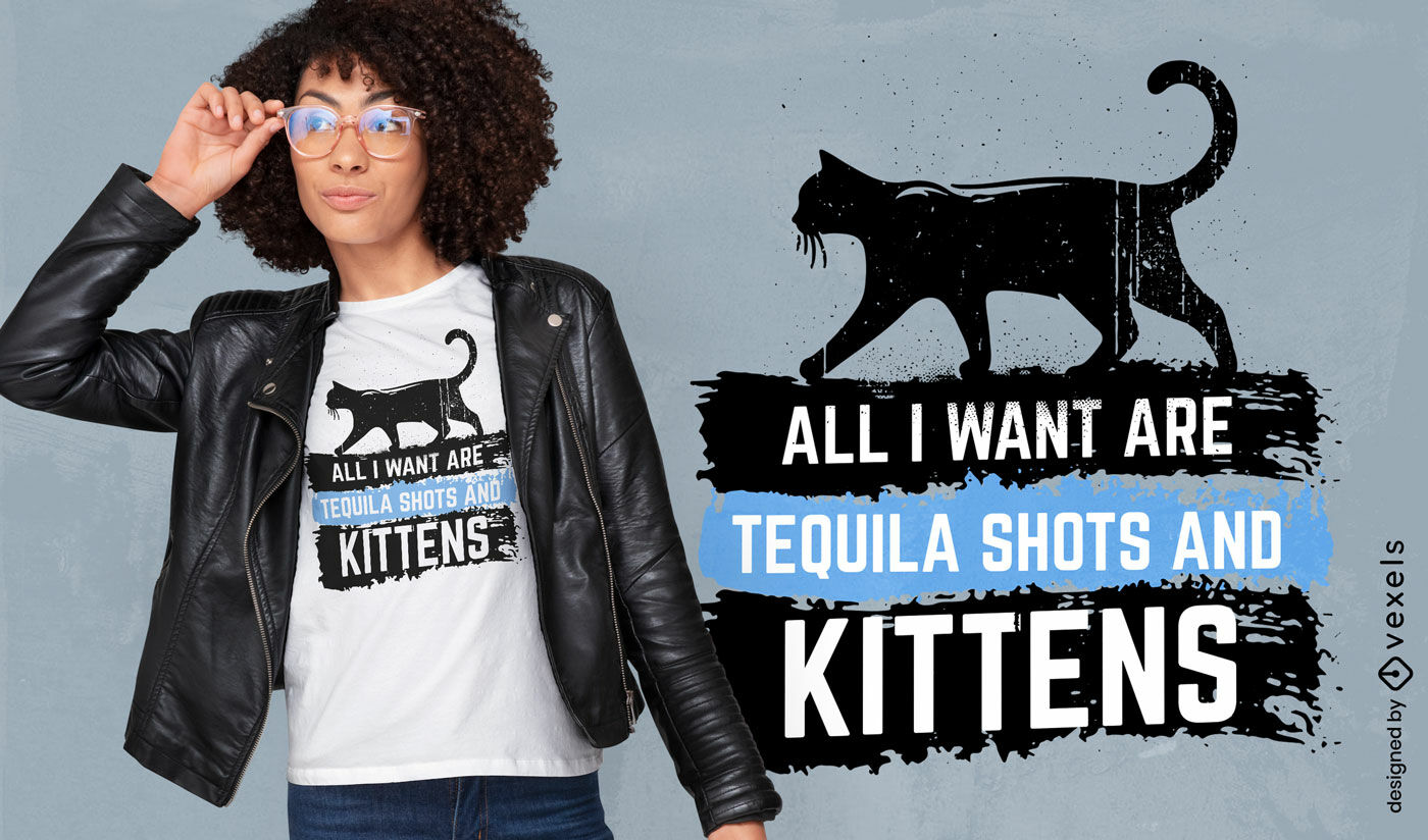 Diseño de camiseta de tequila y gatitos.