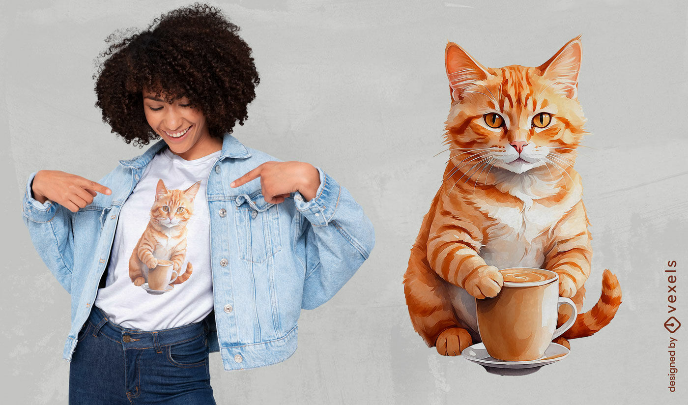 Diseño de camiseta con gato y café en acuarela.