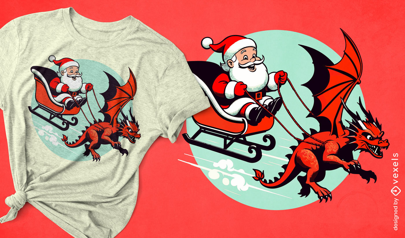 T-Shirt Design mit Drachenjagd im Weihnachtsmannstil