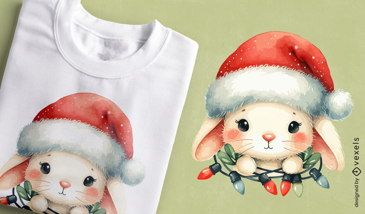 Diseño de camiseta con acuarela de conejito navideño