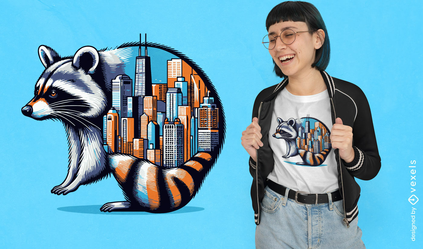 Diseño de camiseta con mapache y horizonte de Chicago