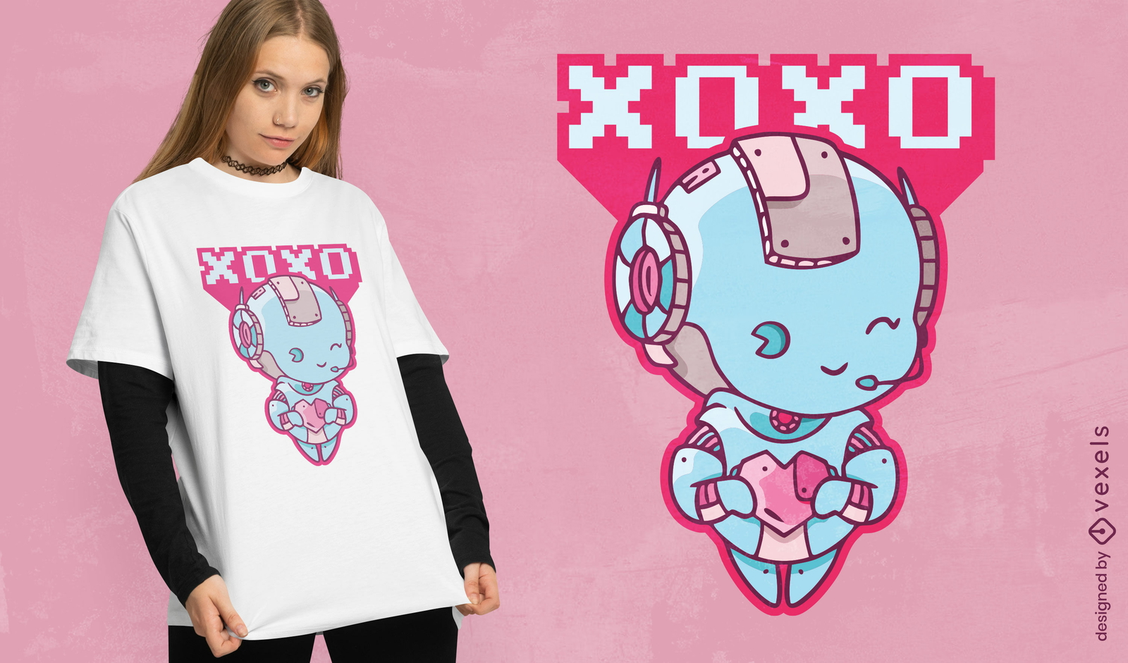 Diseño de camiseta con el mensaje "Robot love xoxo"