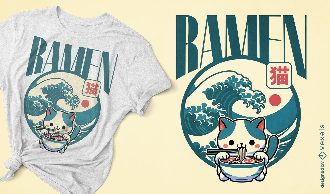 Diseño de camiseta de ramen con gato japonés