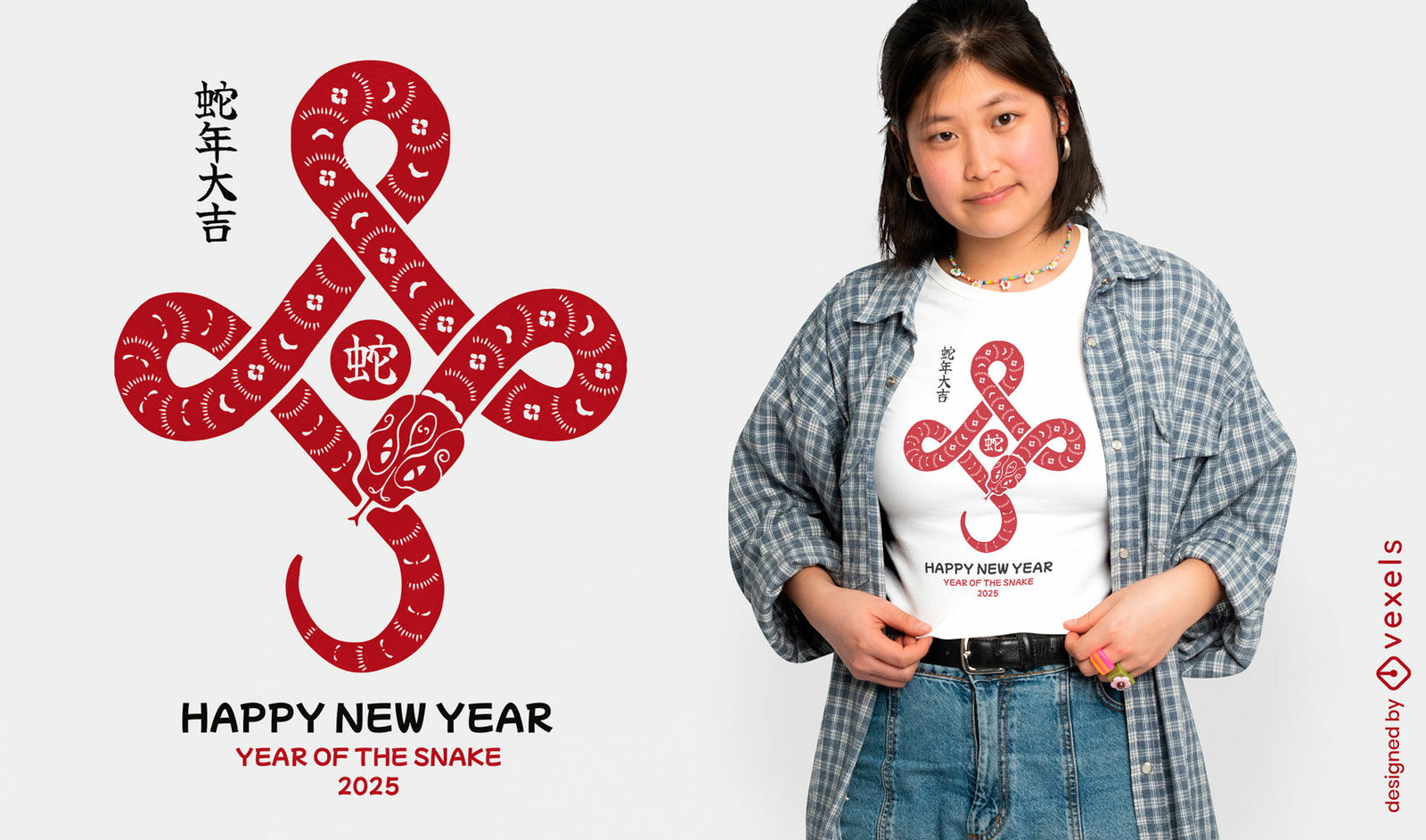 Diseño de camiseta oriental con serpiente cortada en papel