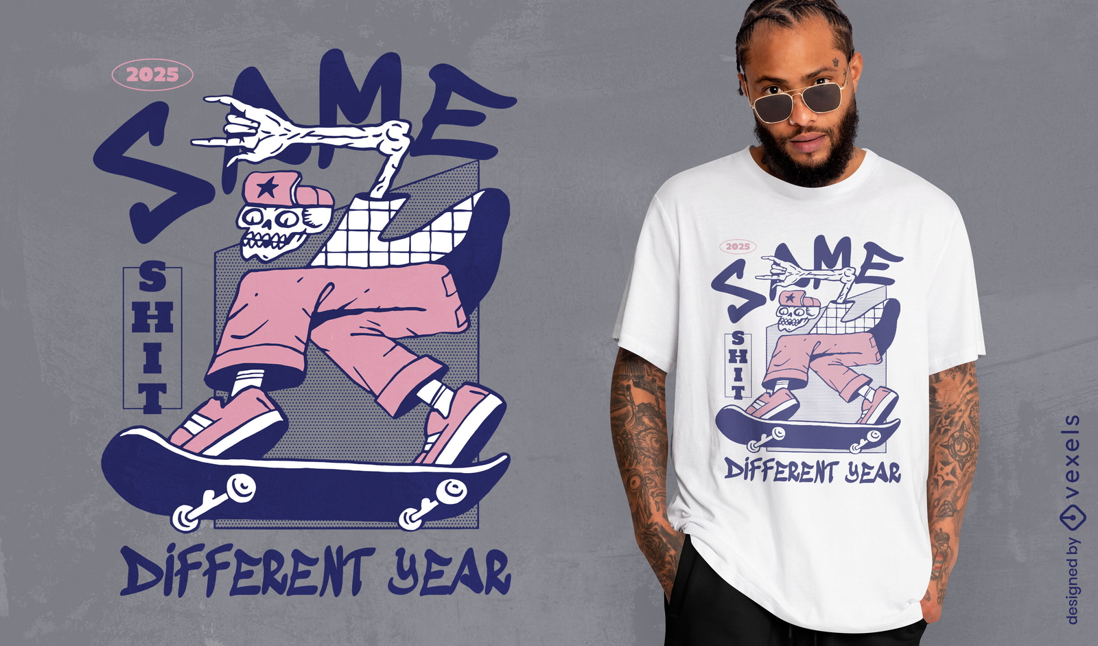 Design de camiseta de ano diferente de patinação de esqueleto